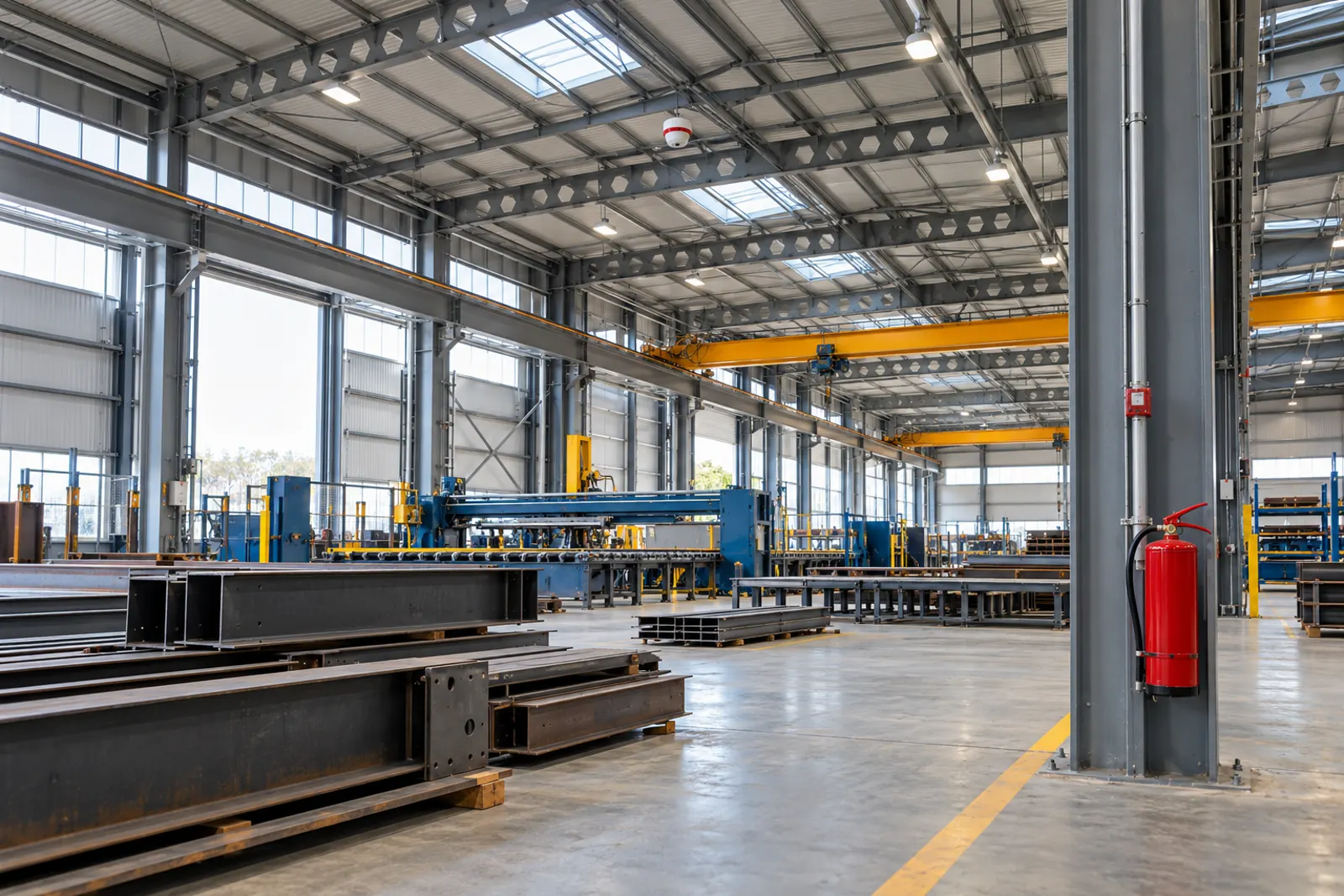 Fire protection equipment within a steel-framed commercial workshop